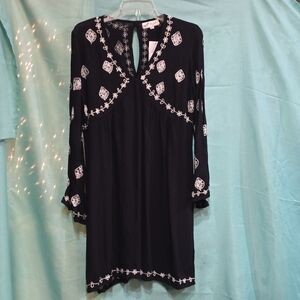 Angel Heart Boutique Black Long Sleeve Dress with Embroidered Highlights NWT